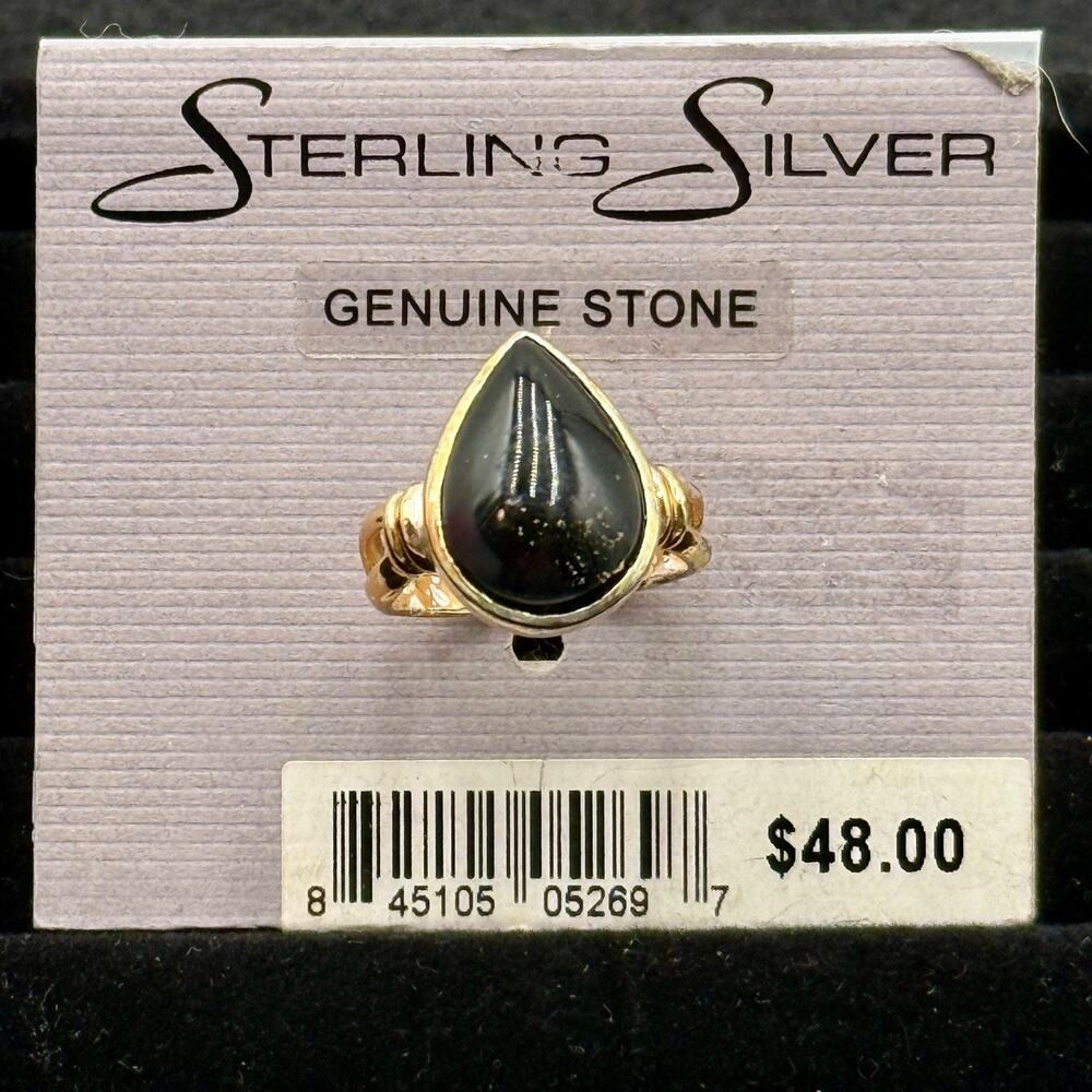 Sterling Silver Black Onyx Ring Teardrop Genuine Stone Gold Accents Sz 7